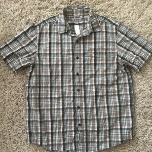 Carhartt Men's Button Down Relaxed Fit Short Sleeve Grey/Teal Plaid Shirt Size L